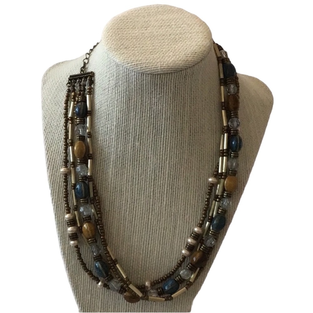 Premier Design 5 strand necklace in blues,‎ mustard colors with burnished…